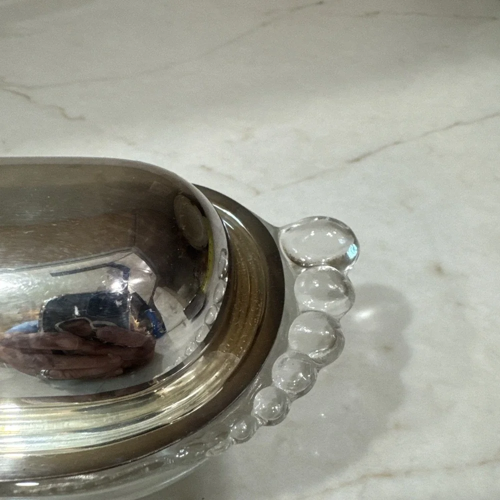 WM Rogers & Sons Silverplated Teardrop Glass Base Butter Dish 387 Vintage (2 Pc)